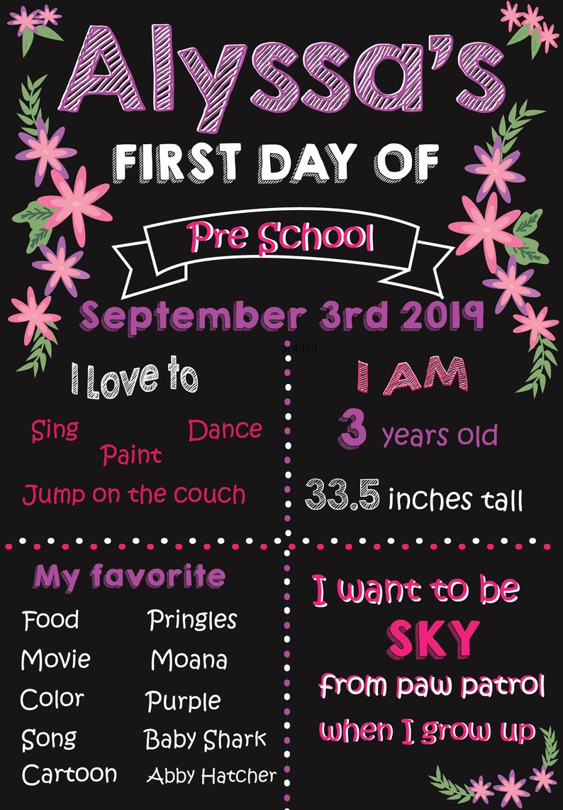 first day of school Printable back to school sign pink and purple chalk board preschool first day of school sign