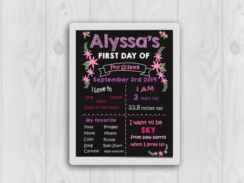 first day of school Printable back to school sign pink and purple chalk board preschool first day of school sign
