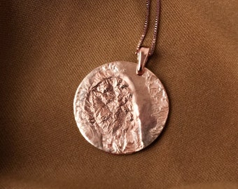 Unique rose gold necklace with large medallion, Large rose gold charm necklace with unique pendant large round pendant necklace with texture