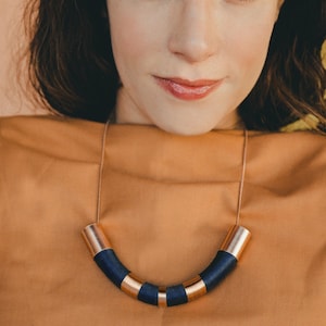 Navy blue necklace, Blue statement necklace, Big blue necklace, 7th anniversary gift, Cotton anniversary gift, Rose gold statement necklace