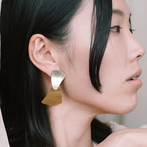 Two tone earrings, Silver and gold statement earrings Modern large earrings for women, Double triangle earrings dangle, Mixed metal earrings