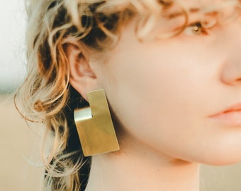 Square brass earrings, Rectangle stud earrings, Rectangular earrings Chunky stud earrings Chunky geometric earrings Large statement earrings