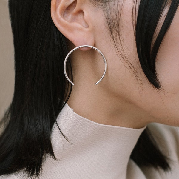 Open hoop stud earrings, Hoops sterling silver geometric earrings, Thin silver hoop earrings large open circle earrings, Minimalist earrings