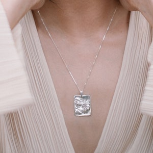 Large square necklace, Unique silver necklace, Big pendant necklace, OOAK jewelry Hammered silver pendant necklace Square medallion necklace