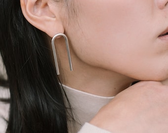 Modern silver earrings Arch earrings Silver statement studs Cool earrings U shaped earrings Silver geometric earrings Chunky silver earrings