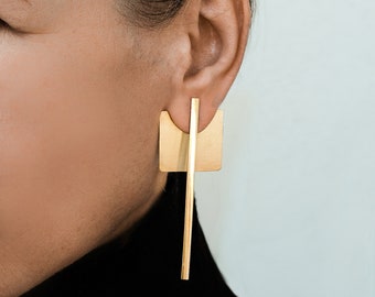 Square bar earring jacket, Double earrings, Front back earring, Single bar earring Gold abstract earrings Geometric earrings, Stick earrings