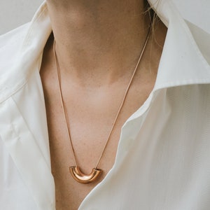 Modern Rose Gold Necklace with curved pendant and snake chain, Big minimalist necklace Geometric Necklaces For Women, Cool jewelry for women image 1