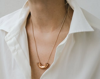 Modern Rose Gold Necklace with curved pendant and snake chain, Big minimalist necklace Geometric Necklaces For Women, Cool jewelry for women