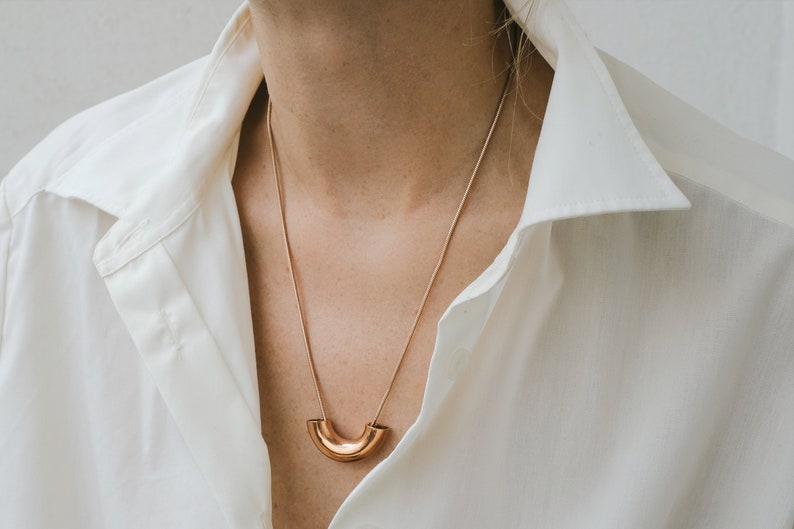 Modern Rose Gold Necklace with curved pendant and snake chain, Big minimalist necklace Geometric Necklaces For Women, Cool jewelry for women image 1