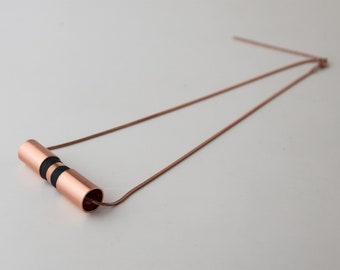 Industrial jewelry, Minimalist statement necklace, Simple black necklace with rose gold snake chain and tube pendant, Copper tube necklace