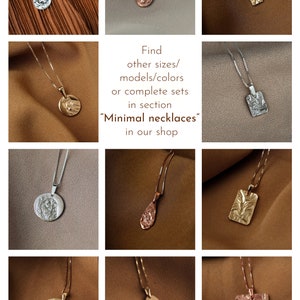 May include: Nine silver, gold, and rose gold necklaces with different pendant shapes. The pendants are textured and have a hammered look. Find other sizes, models, colors, or complete sets in section "Minimal necklaces" in our shop.