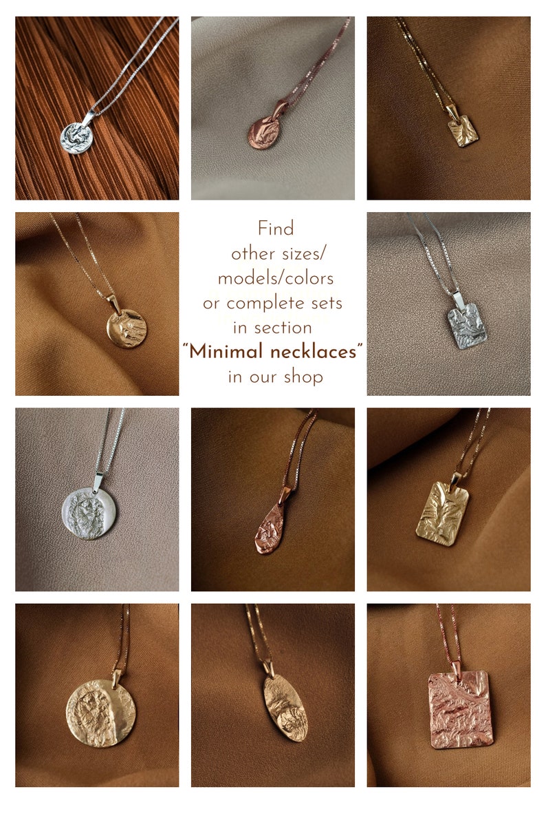 May include: Nine silver, gold, and rose gold necklaces with different pendant shapes. The pendants are textured and have a hammered look. Find other sizes, models, colors, or complete sets in section "Minimal necklaces" in our shop.