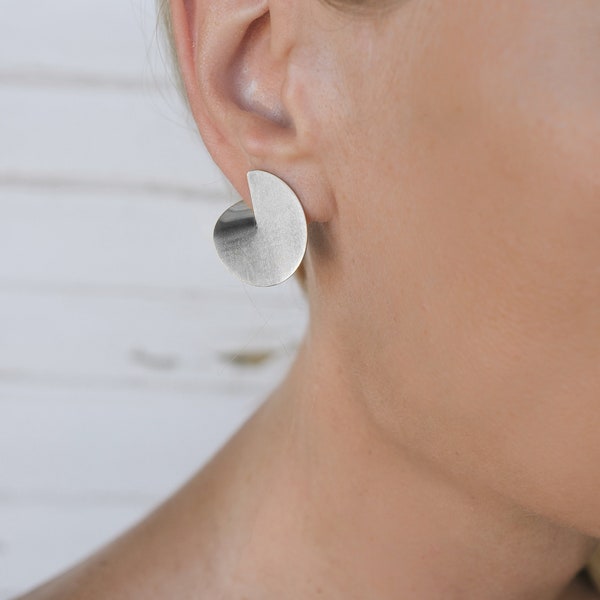 Round silver earrings, Sterling Silver Big Stud Earrings, Modernist Silver Earrings Sterling Silver Minimalist Earrings Nickel Free earrings