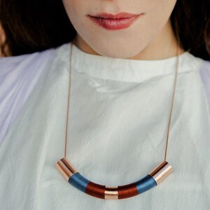 Blue and red bib necklace, Gift for her, Rose gold Statement Necklace, Red curved necklace, Statement Jewellery