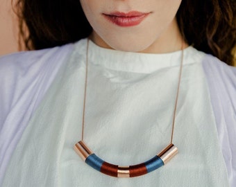 Blue and red bib necklace, Gift for her, Rose gold Statement Necklace, Red curved necklace, Statement Jewellery