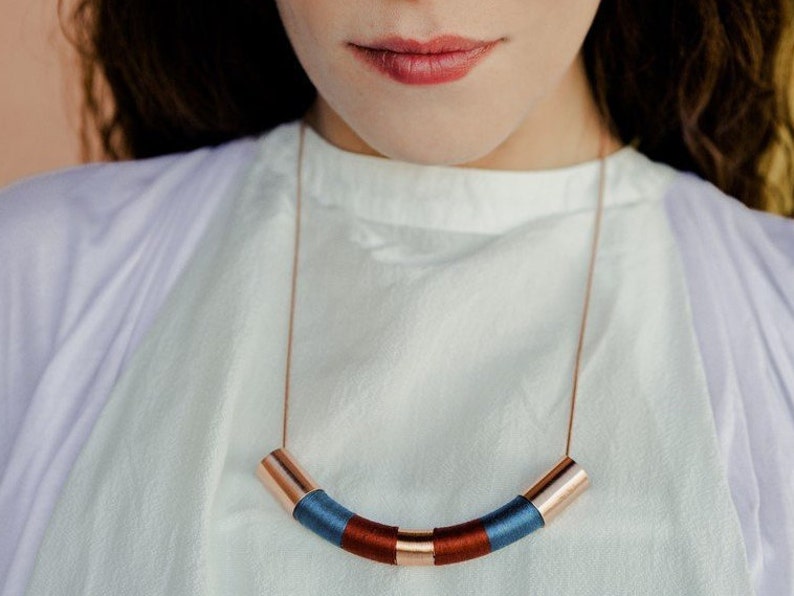 Blue and red bib necklace, Gift for her, Rose gold Statement Necklace, Red curved necklace, Statement Jewellery image 1