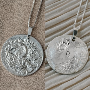 Personalized gifts for women, Large unique pendant Silver medallion necklace with initial, Sterling silver engraved necklace for women