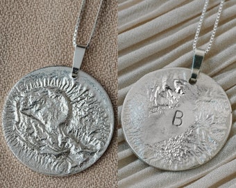 Personalized gifts for women, Large unique pendant Silver medallion necklace with initial, Sterling silver engraved necklace for women