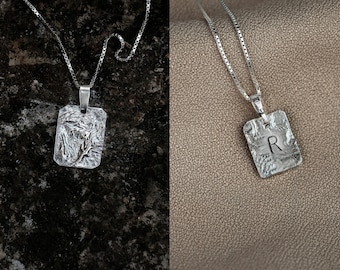 Stamped initial necklace Sterling silver pendant necklace with initial, Square pendant hammered necklace Layered silver necklace with letter