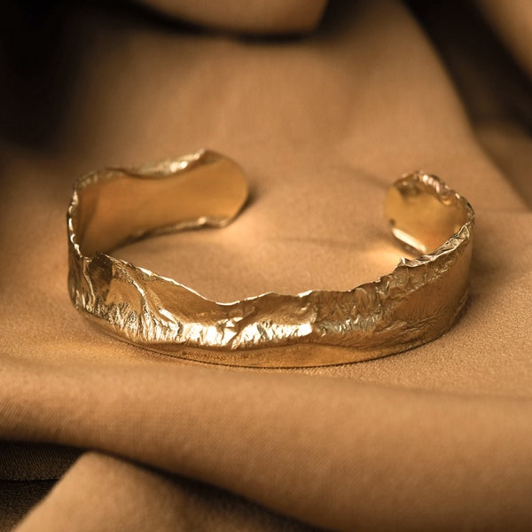 Gold chunky bracelet, Thick cuff bracelet gold, Extra large bracelet Organic jewelry, Wide bangle bracelet Statement bracelet Unique gift