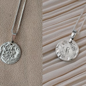 Sterling silver initial necklace, Custom stamped necklace silver Personalized chain, Sterling silver initial charm, Hammered silver necklace