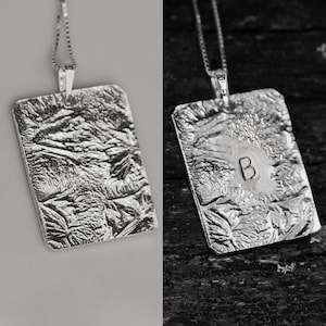 Silver engraved necklace, Personalized charm necklace, Large rectangle pendant, Engraved silver pendant necklace, Stamped initial necklace