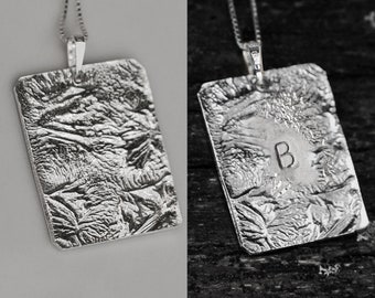 Silver engraved necklace, Personalized charm necklace, Large rectangle pendant, Engraved silver pendant necklace, Stamped initial necklace