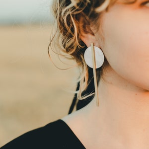 Two tone earrings, Silver and gold earrings, Silver disc earrings with long gold bar earrings, Mixed metal earrings, Long statement earrings