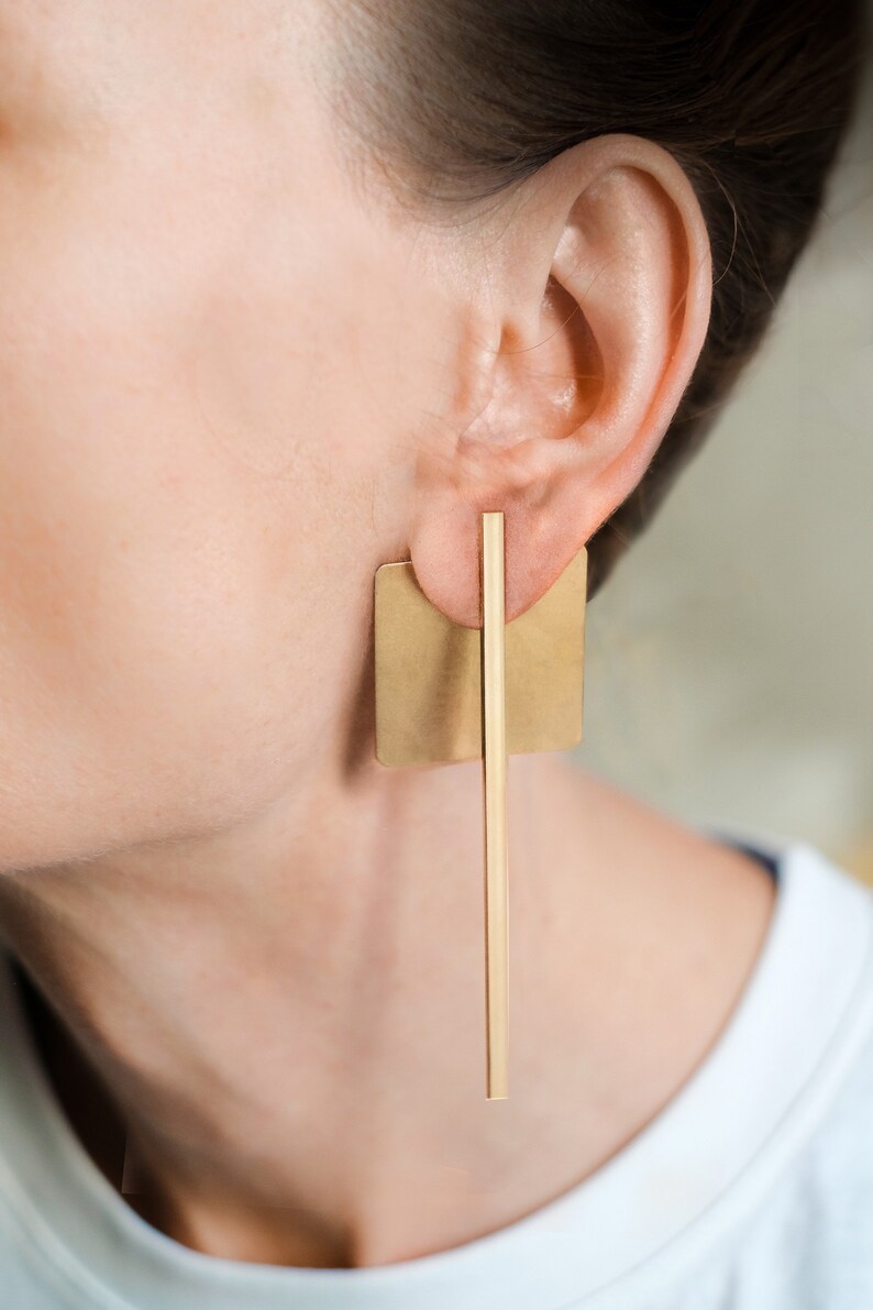 Square brass earrings geometric, Mismatched statement earrings, Minimalist large earrings, Gold bar stud earrings, Long bar earrings image 6
