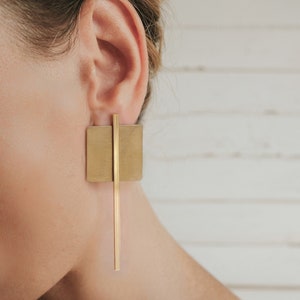 Square brass earrings geometric, Mismatched statement earrings, Minimalist large earrings, Gold bar stud earrings, Long bar earrings image 3