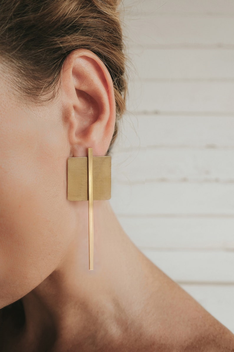 Square brass earrings geometric, Mismatched statement earrings, Minimalist large earrings, Gold bar stud earrings, Long bar earrings image 3