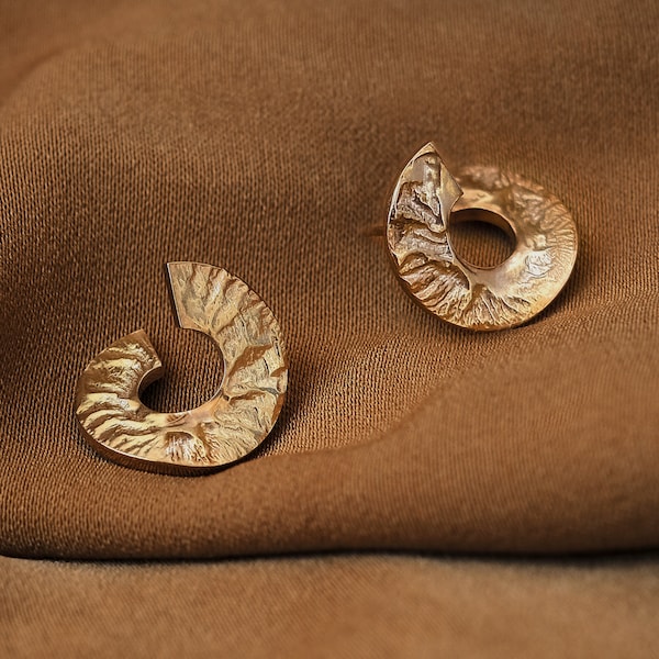 Hammered stud earrings Brushed gold earrings Large gold stud earrings Textured earrings Thick huggie hoops Hoop studs OOAK Large studs