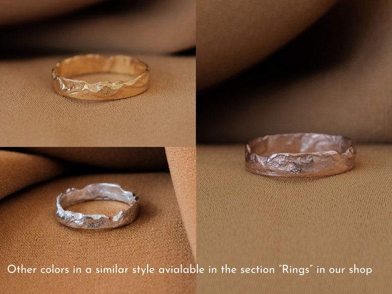 May include: Three textured metal rings in gold, rose gold, and silver. The rings are all the same style, with a rough, organic texture. Other colors are available in the section "Rings" in our shop.