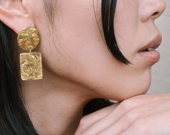 Gold dangle earrings Bridal statement earrings Gold hammered earrings Abstract earrings Golden wedding earrings OOAK Party earrings