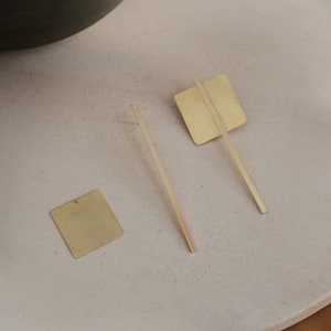 Square brass earrings geometric, Mismatched statement earrings, Minimalist large earrings, Gold bar stud earrings, Long bar earrings image 2