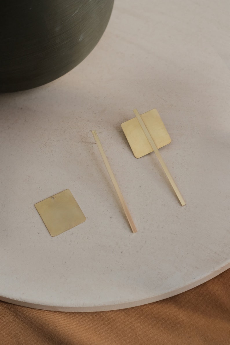 Square brass earrings geometric, Mismatched statement earrings, Minimalist large earrings, Gold bar stud earrings, Long bar earrings image 2