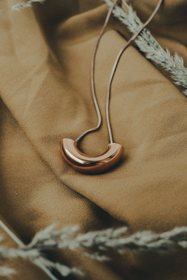 Modern Rose Gold Necklace with curved pendant and snake chain, Big minimalist necklace Geometric Necklaces For Women, Cool jewelry for women image 2