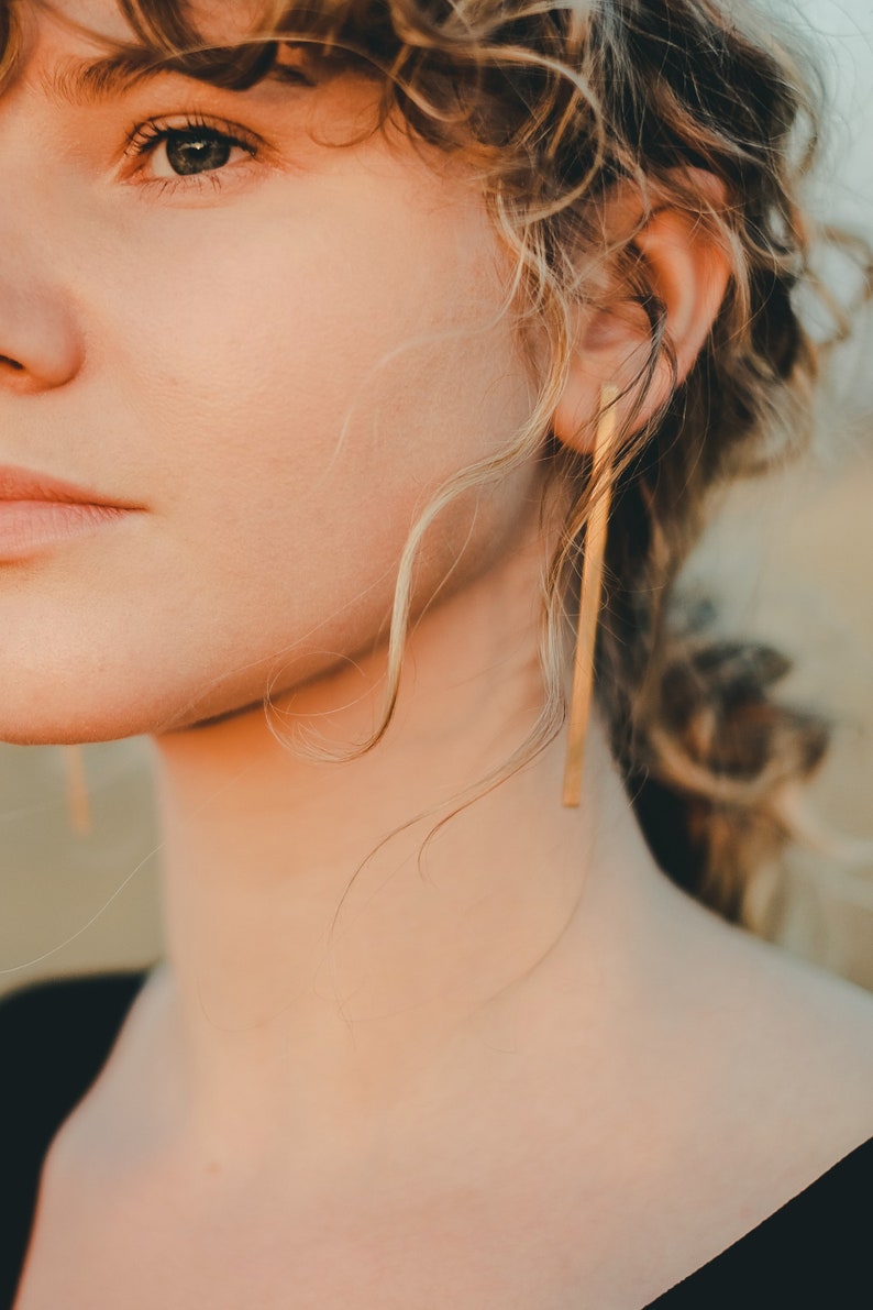 Square brass earrings geometric, Mismatched statement earrings, Minimalist large earrings, Gold bar stud earrings, Long bar earrings image 4