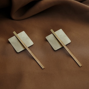 Silver square and gold drop bar earrings, Silver and gold earrings, Long geometric earrings, Two tone earrings, Mixed metal earrings, 2 in 1