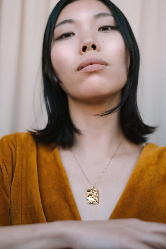 Square Medallion Necklace, Gold Rectangle Pendant Necklace, Square