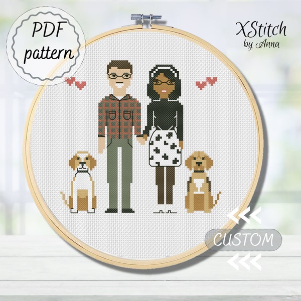 Personalized cross stitch family, custom dog portrait, dog lover gift, cotton anniversary