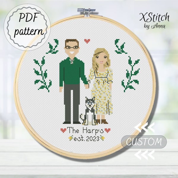 Custom commission family portrait personalized cross stitch pattern 7th anniversary gift for sister cotton gift from mother to daughter