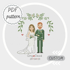 Custom wedding newlywed gift for couple cross stitch pattern commission portrait 1st 2nd cotton anniversary gift