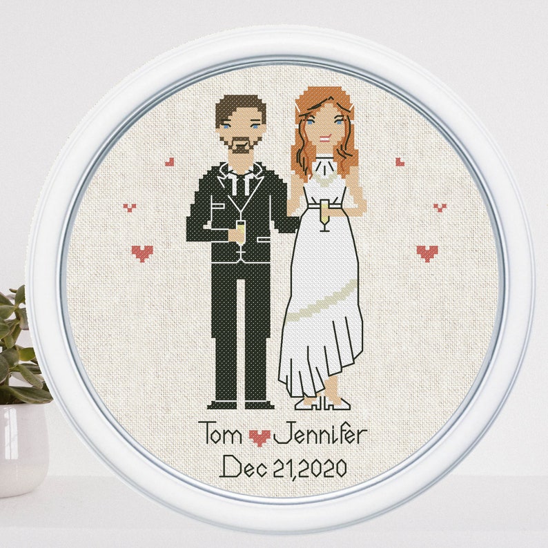 Custom wedding shower embroidery gift Modern cross stitch couple portrait Unique bride to be wedding gift