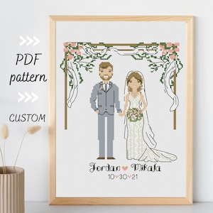 Personalized just married bride and groom custom cross stitch gift Wedding couple portrait 1st anniversary gift