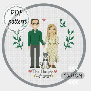 Peut inclure: Modèle de point de croix représentant un couple, un chien et de la verdure. Le texte indique "The Harpus est. 2023".
