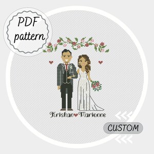 May include: Cross-stitch pattern featuring a bride and groom under a floral arch. The image includes the text "PDF pattern" and the names "Krishan" and "Marianne". A "CUSTOM" button is also visible.
