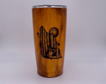 wolf tumbler cup, spooky eyes wood grain tumbler with deer, oddities and curiosities, full moon tumbler with straw and lid, to go coffee cup