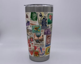 passport stamp travel tumbler with straw and lid, travel gift for her, world traveler gifts, to go coffee cup for men, travel water bottle