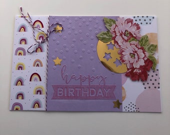 Happy Birthday embossed card with rainbows and flowers